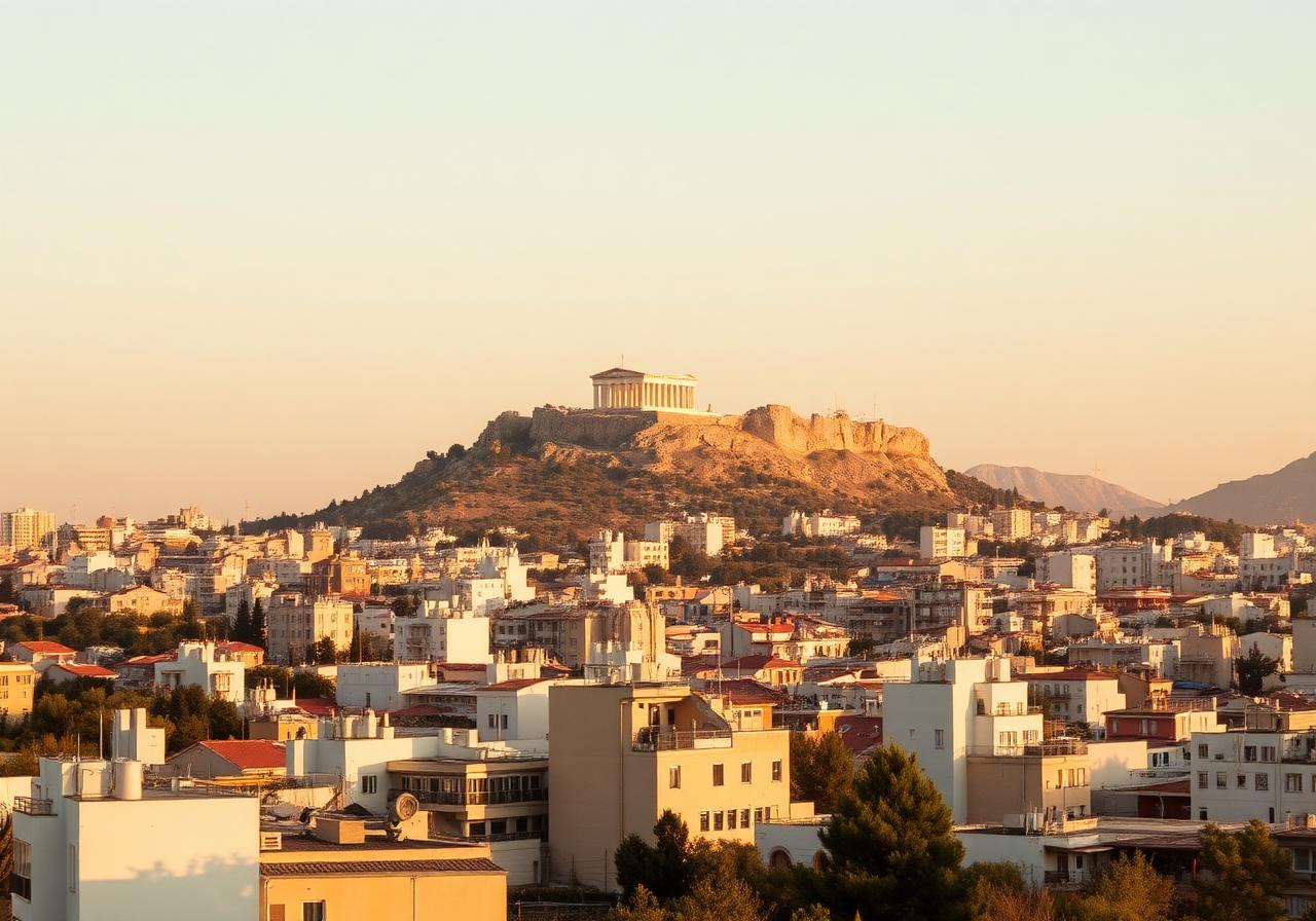 Athens city centre with the Acropolis above the rooftops.