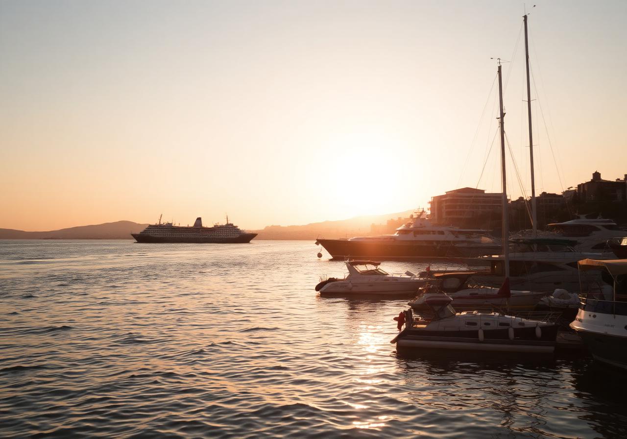 Ferries at Piraeus port at sunrise.